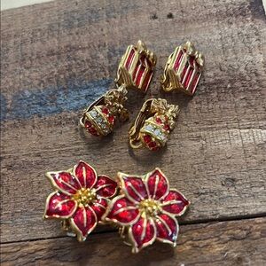 Festive christmas Red and Gold Tone Clip-On Earrings bundle